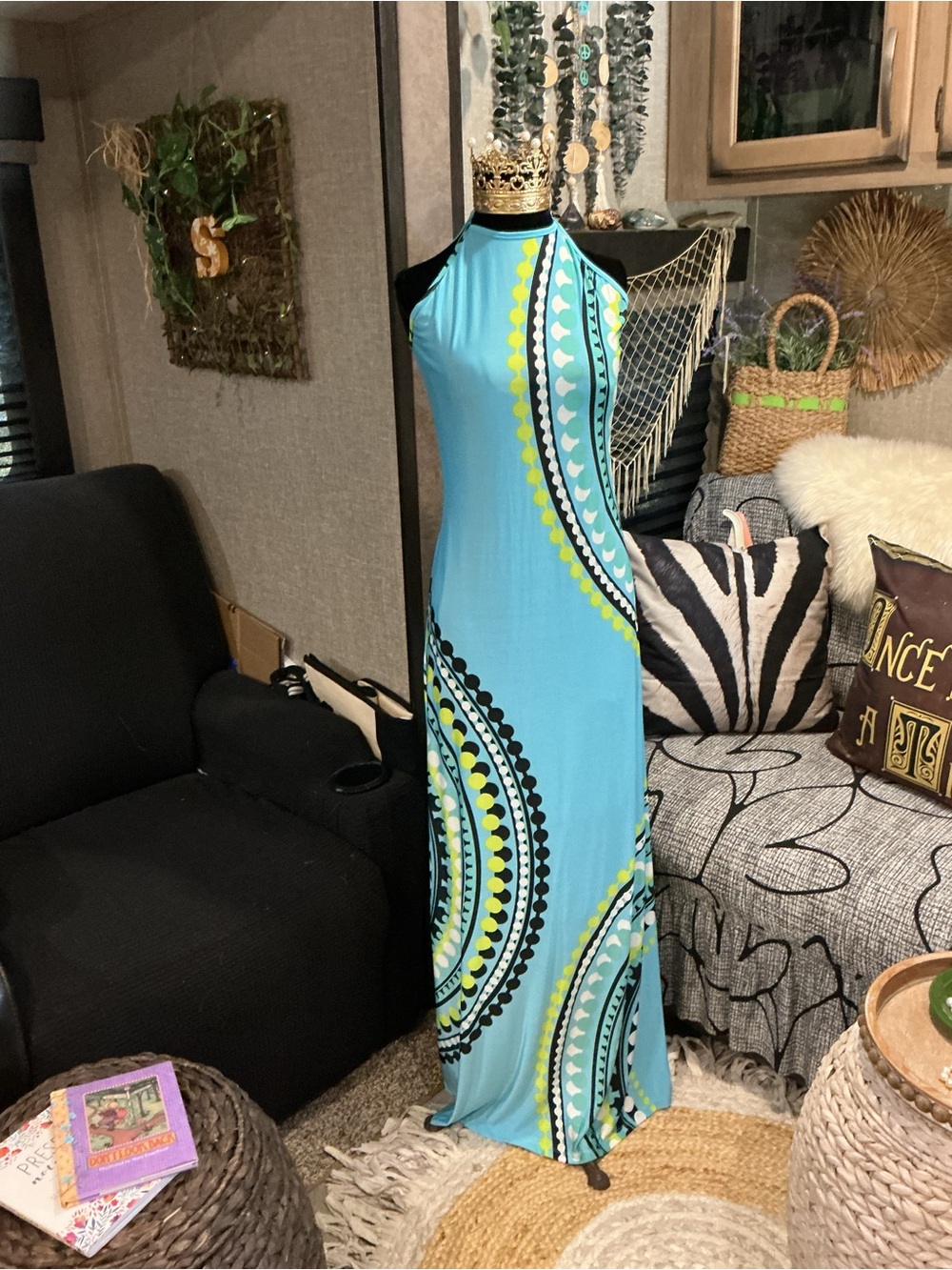 Venus Turquoise Halter Maxi Dress with Graphic Print L